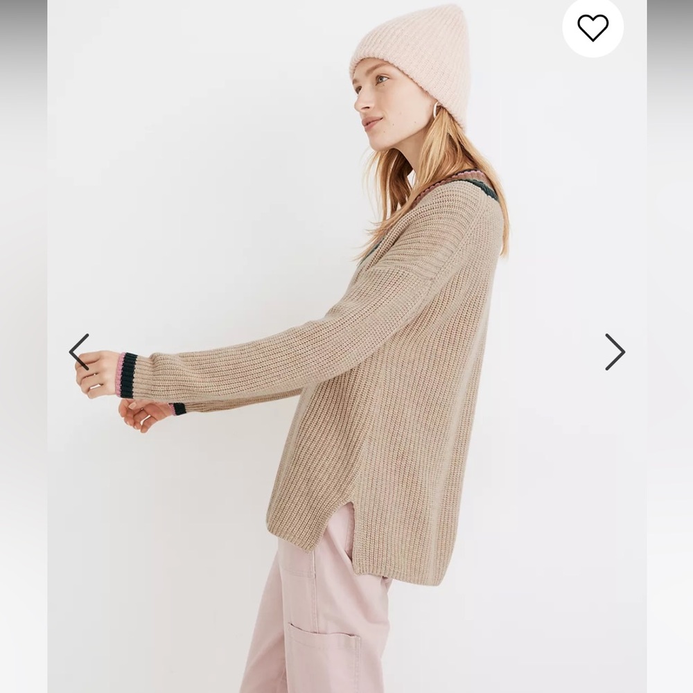 Madewell Tipped Forrest Tan Pink Green Wool Blend V-Neck Sweater Size X-Small